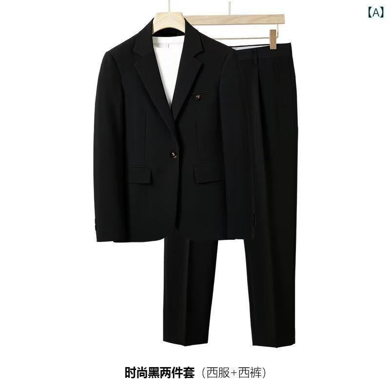 メンズ 西装セット ジャケット スラックス セット 軽熟風 韓国風 トレンド ポリエステル コットン 混紡 生地 軽量 伸縮性 ブラック ブラウン モスグリーン カラーバリエーション 黒 茶色 緑系 色 単排ボタン ノッチラペル ルーズフィット ゆったり