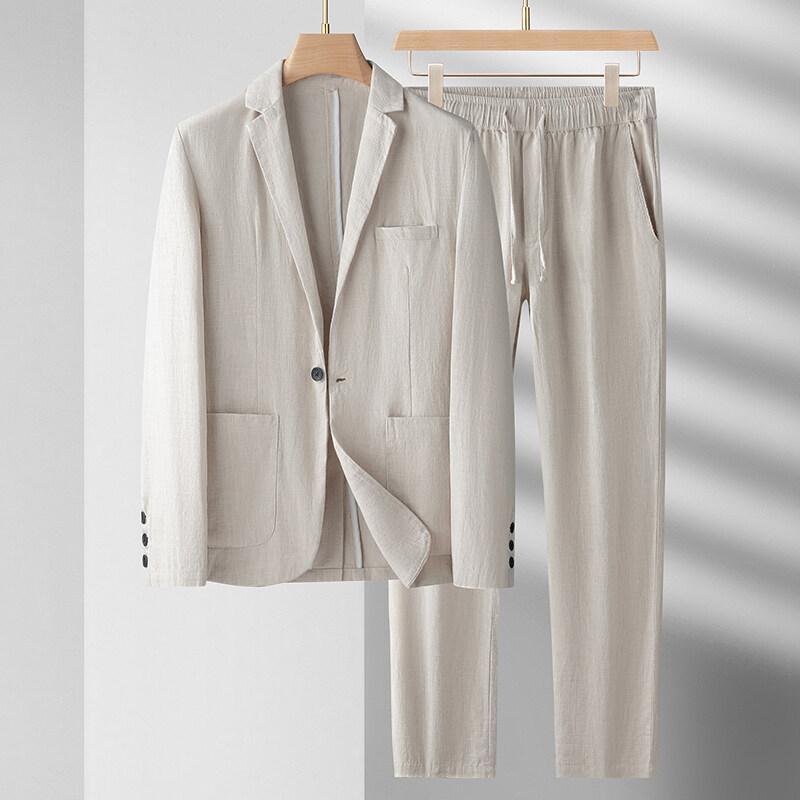 メンズ スーツ セット 薄手 綿麻 ジャケット トップス ゆったり レギュンス 軽ビジネス 合体 ??領 透気 夏 春夏 通勤 普段使い ビジネスカジュアル 再生繊維 軽量 伸縮性 ネイビー ブラック グレー ワインレッド ミリタリーグリーン ブラウン ｜イーマイショップ