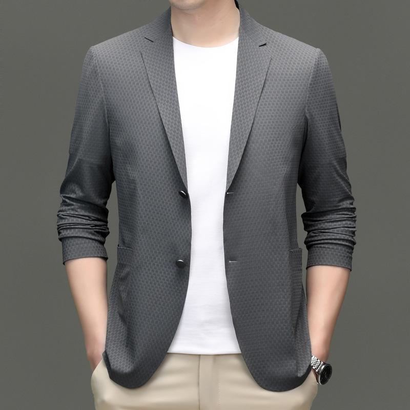メンズ ジャケット スーツ 薄手 春夏 秋 中年 男性用 純色 ゆったり かっこいい ファッション 休日 通勤 日常 軽量 透気性 耐摩耗 吸湿速乾 化繊混紡 ナイロン スパンデックス ポリエステル スリムフィット スーツカラー シングルブレスト ツーボ