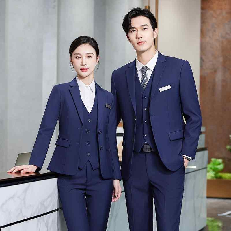 メンズ レディース 西装 セット ビジネス スーツ ユニセックス 職業服 修身型 平領 ダブルブレスト ボタン 装飾 化繊混紡 ナイロン 81パーセント 免? 加工 日常 通勤 向き 四季 対応 宝藍 色 ネイビー ブラック グレー カラーバリエーション