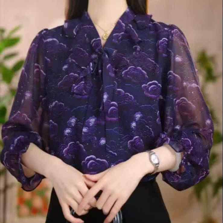 シャツ 女性用 春夏 紫 花柄 蝶結び 紐 刺繍 Vネック 九分袖 ポリエステル ポリエステル混紡 花卉柄 ゆったりシルエット 立体装飾 免アイロン加工 日韓カジュアル 中性スタイル 花色 植物プリント 法式小衫 減齢 スリム スタンドカラー ルーズフィ 4,394円