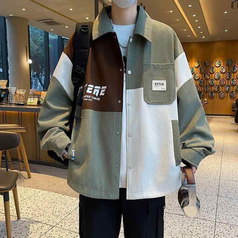 メンズ ジャケット コットン 混紡 長袖 シャツカラー 切り替え 合体型 単排ボタン 翻領 直下? サイドポケット 免?加工 黒 焦糖色 緑 秋冬 春夏 青少年 ゆったり 普段使い 外出 レジャー 伸縮性 通気性 軽量 コスパ