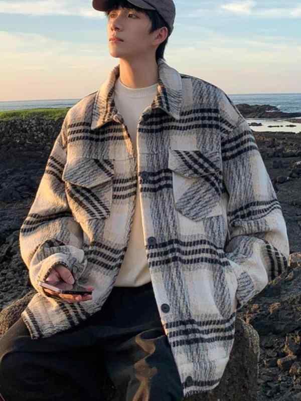 メンズ ジャケット 毛・希 格子柄 春秋 韓国風 ジャケット コート トップス 風 トレンド ブランド ルーズ ストリート ファッション カップル シャツ 港風 スタイリッシュ フラップカラー ワイドシルエット シングルブレスト ノーハット ミディアム厚