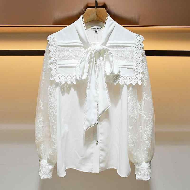 レディース 春夏 トップス シャツ レース 切り替え ネイビー 襟 ストライプ リボン 結び 蝶ネクタイ デザイン 綿混 ポリエステル 素材 長袖 ゆったり シルエット Vネック シンプル 無地 白 カラーバリエーション 通勤 普段使い 軽量 通気性 吸