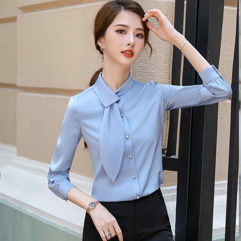 レディース ブラウス 長袖 シャツ トップス 通勤 仕事 服 ポリエステル 素材 切り替え デザイン スタンドカラー 修身 スリムフィット 蝶結び アクセント 純色 単色 気質 洗練 スタイル 開襟 ボタン 開き 気質通勤 風 気質エレガント クロスボー