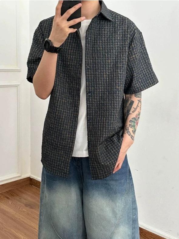 メンズ シャツ トップス 短袖 格子柄 復古風 軽量 薄手 通気性 接触冷感 ポリエステル 混紡 ゆったりシルエット 翻領 開襟 カジュアル 日常使い 夏用 ブルー 耐摩耗 ノンアイロン 青少年向け 軽熟スタイル 青春流行
