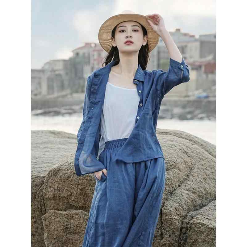 シャツ 女性用 麻 接触冷感 海ブルー 蝶結び 七分袖 斜肩 ルーズフィット 丸首 ワイドレッグパンツ セットアップ 薄手 通勤 夏 気質 カジュアル 吸湿速乾 軽量 切り替え 都市スタイル｜イーマイショップ