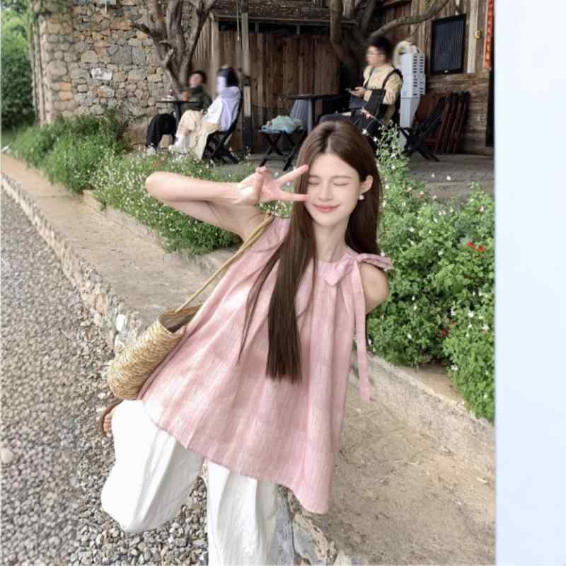 レディース ノースリーブ シャツ 蝶結び 紐 リボン デザイン 丸首 ルーズフィット 夏用 肩出し フレンチスタイル かわいい トップス ピンク 杏色 ポリエステル 接触冷感 軽量 吸湿速乾 通勤 私服 普段使い 4,541円