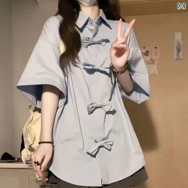 シャツ レディース 夏 短袖 トップス ゆったり スリム かわいい 蝶ネクタイ ブルー ホワイト 通勤 通勤風 気質 快適 休? 純色 百搭 中長丈 シャツカラー シングルブレスト ボタン ゆったりシルエット 日常使い 吸湿速乾 軽量 接触冷感 再生繊維