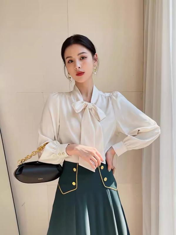 シャツ 女性用 長袖 蝶結び 系リボン デザイン 直筒 シルエット 普通丈 ラペルカラー 純色 都市通勤 スタイル 気質 優雅 デザイン 綿混 ポリエステル ポリウレタン 混合素材 光沢 加工 フロントボタン 開襟 トップス ブラウス ビジネス カジュア