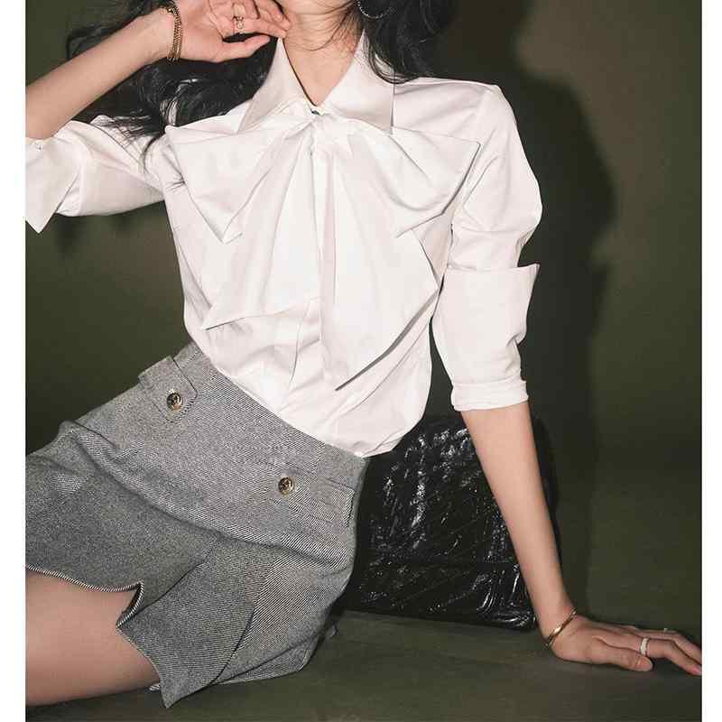 レディース シャツ トップス Vネック 長袖 香?白 綿 高支精梳長絨棉 気質通勤 通勤風 春季 切り替え 取り外し可能 大型リボン 飾り 軽量 通勤用 普段使い 吸湿速乾 伸縮性 高級感