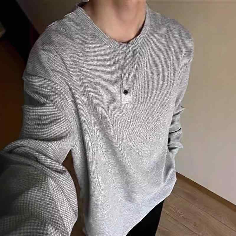 メンズ Tシャツ 長袖 ヘンリーネック グレー ワイドシルエット ポリエステル 無地 幾何学プリント 免?加工 ゆったり リラックス レイヤード トップス ユニセックス 軽量 通勤 普段使い 部屋着 秋冬 春夏