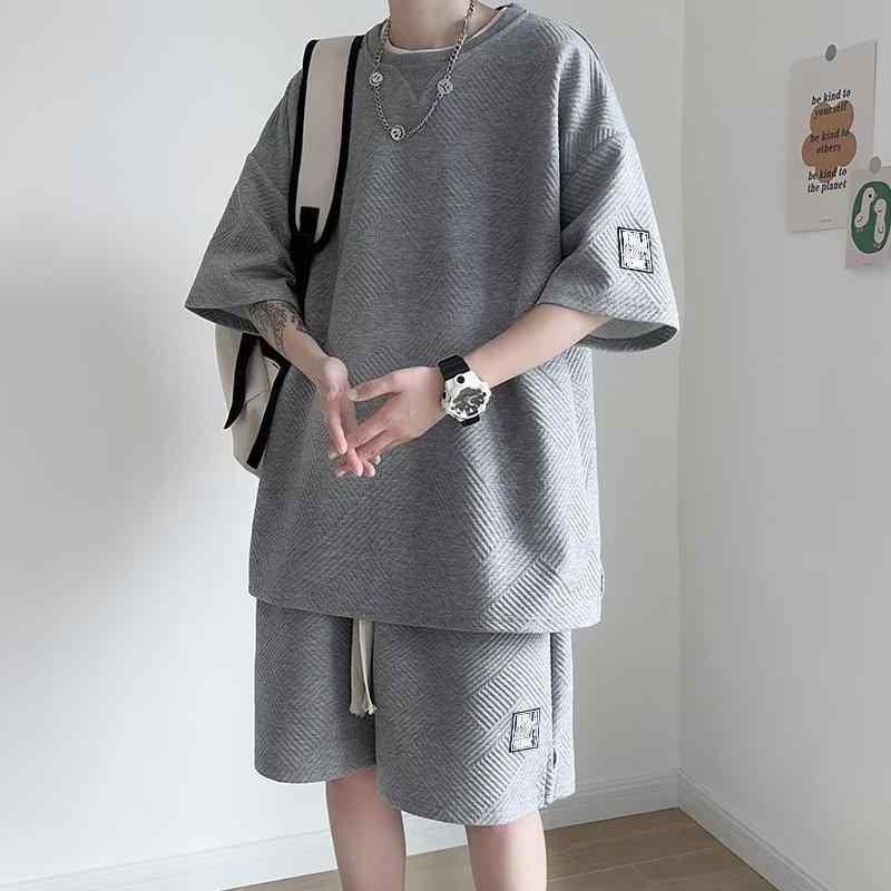 メンズ スポーツウェア セット 夏季 接触冷感 ポリエステル 素材 短袖 ワッフル柄 Tシャツ ショートパンツ 2点組 ゆったり シルエット 休? スタイル グレー ホワイト ブラック カラー 吸湿速乾 軽量 通気性 普段使い アクティブウェア ファッシ