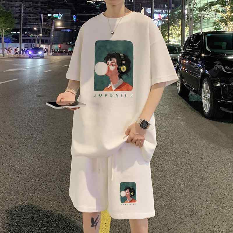 メンズ 短袖 Tシャツ セット 夏季 韓国風 薄手 ゆったり トップス ショーツ ポリエステル 再生繊維 吸湿速乾 接触冷感 白色 ブラック ネイビー ベージュ ゆったりシルエット カジュアル 日常使い アウトドア アクティブウェア