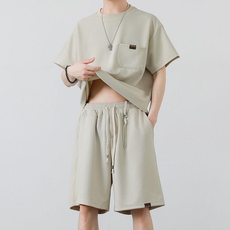 メンズ 短袖 短パン セット 夏 接触冷感 Tシャツ トップス ワッフル ポリエステル 薄手 軽量 吸湿速乾 痞? スタイル 黒 ・柑其 休? 運動 普段使い カジュアル