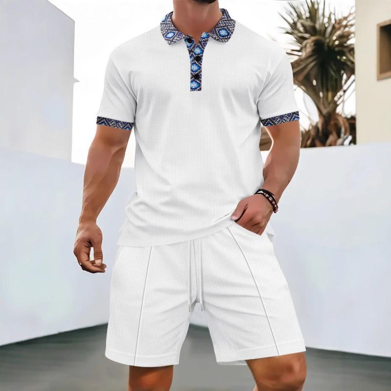 メンズ 短袖 Tシャツ 短パン セット 夏季 スポーツ レジャー セットアップ 綿混紡 ポリエステル 素材 軽量 吸湿速乾 機能 翻領 デザイン ラグラン 袖 ジップ プルオーバー ユニセックス スタイル 白色 ブラック カーキ グレー ネイビー カラー