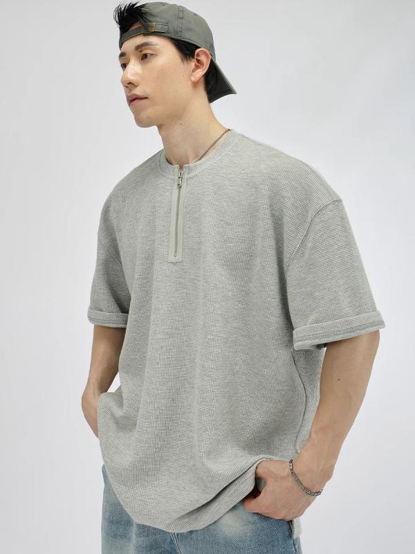 Tシャツ メンズ 半袖 半ジッパー ワッフル チェック柄 純色 夏用 シンプル ゆったり シルエット ルーズフィット カジュアル トップス ポリエステル 100% 無地 幾何学プリント 丸首 セットインスリーブ 普通厚 軽量 速乾 無撫 黒 グレー 日常