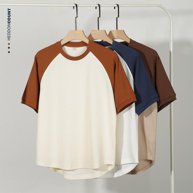 メンズ 短袖Tシャツ ワッフル 切り替え 丸首 半袖 ゆったり 大きいサイズ コットン 春夏 白色 ・柑其 杏色 綿素材 ピックアップカラー ラグジュアリーテクスチャー ラグドシルエット 夏用 春用 青年向け ユニセックス カジュアル トップス ワイドフィ