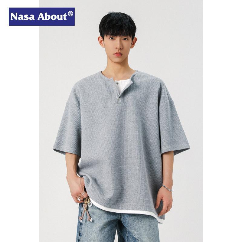 メンズ Tシャツ トップス 短袖 丸首 ゆったり ビッグサイズ ワッフル柄 無地 黒 グレー系 ポリエステル混紡 化繊混紡 軽量 免アイロン 針織袖 春秋 春夏 秋 夏 春秋季 日常 カジュアル 軽熟 休? 18-24歳 青春 流行 男士 大? ?松型