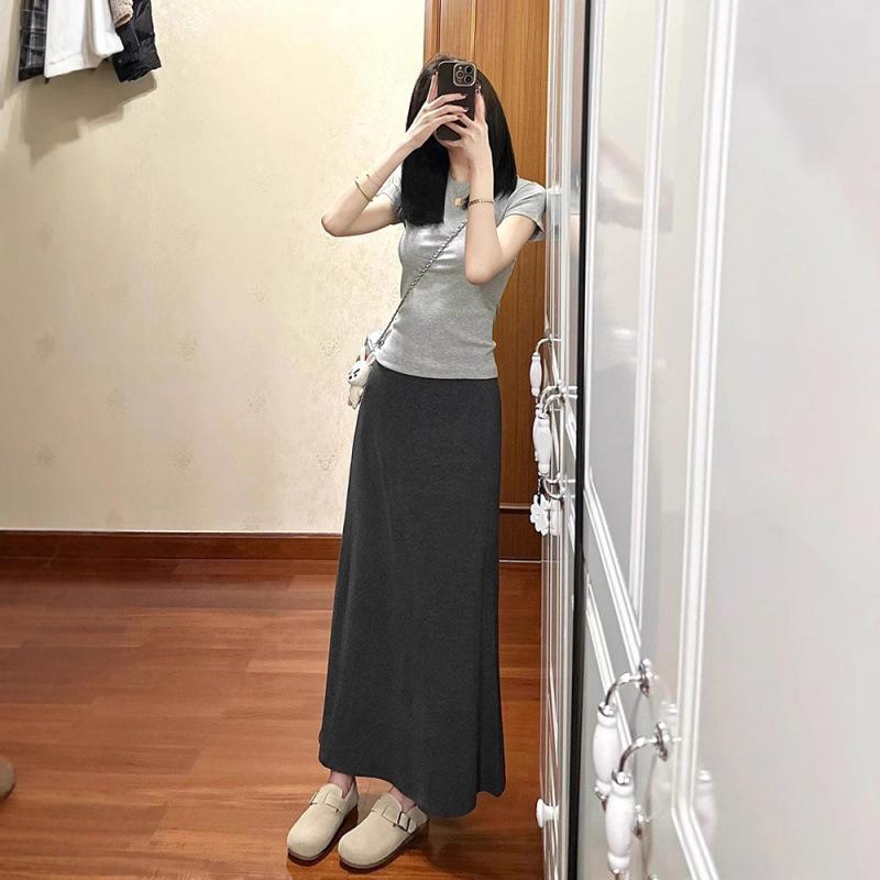 スカート レディース 長丈 半身 包臀 魚尾 A字 グレー 夏 接触冷感 マイクロストレッチ 軽量 通勤 普段使い 気品 スリムライン 切り替え 垂?感 ハイウエスト 膝下丈