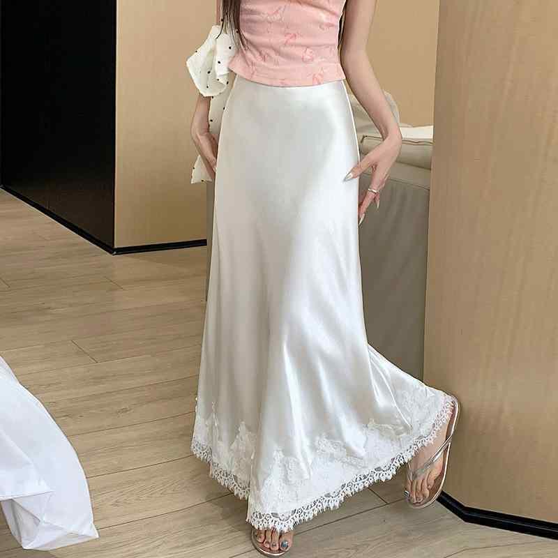 スカート 女性用 春夏 ピンク ブルー ベージュ ブラック レース 切り替え 酢酸サテン フィッシュテール 半身 ハイウエスト 垂感 包臀 中長 仙女 立体装飾 アクリル繊維 微弾性 通勤 都市 カジュアル 気質 軽量 通年