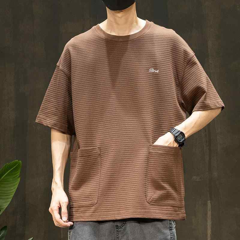 メンズ Tシャツ ワッフル柄 ポケット 短袖 ゆったり 大きいサイズ 夏用 薄手 綿混紡 透気 吸湿速乾 黒 キャメル ラフスタイル ベースボール トップス ルーズフィット ポケットデザイン 刺繍