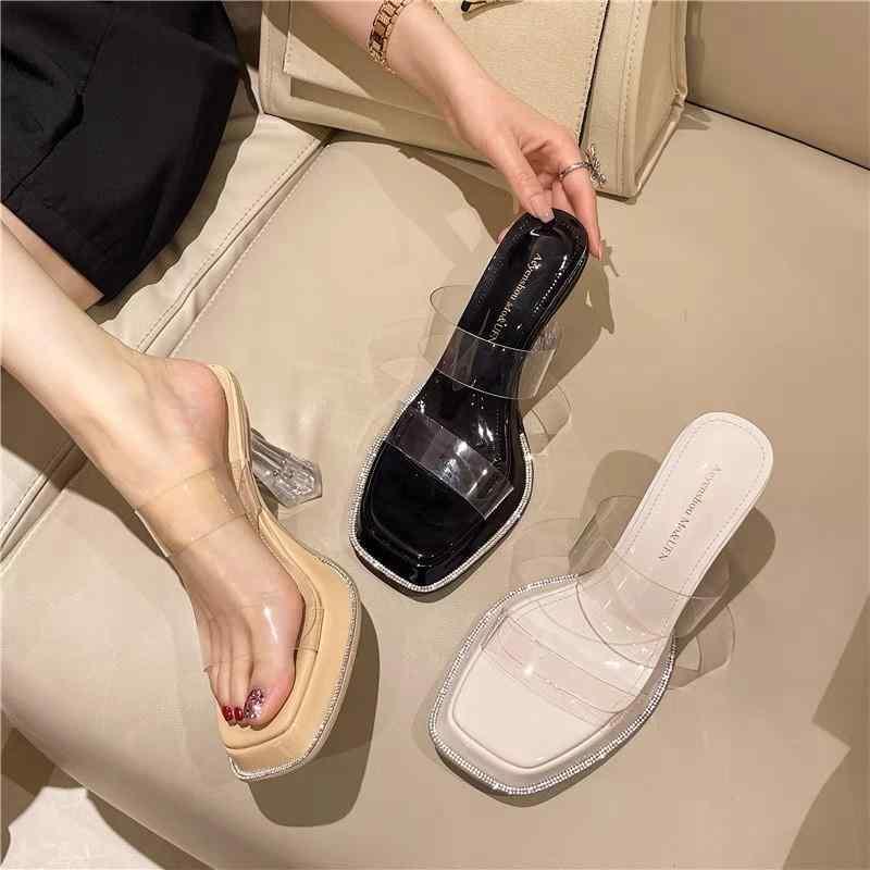 サンダル 女性用 夏 透明ヒール 粗めヒール 水晶風デザイン ビーチサンダル プーリュクス 素材 軽量 セクシー ファッション スクエアトゥ ブラック アイボリー ヌードカラー ハイヒール 6-8cm 春夏 外出用 普段使い カジュアルスタイル 伸縮性 ｜イーマイショップ