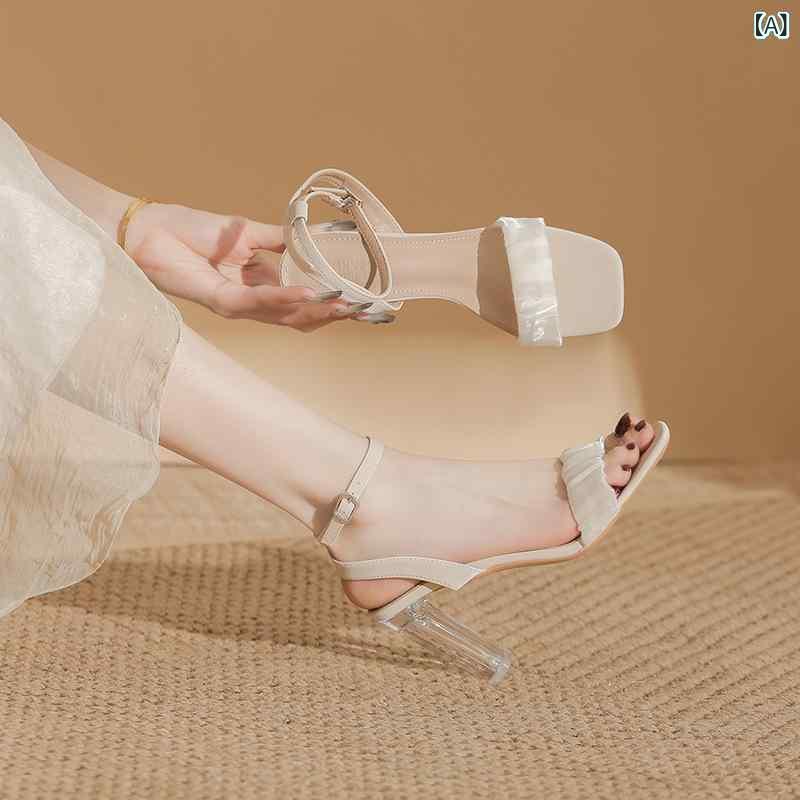サンダル レディース 透明水晶ヒール 粗ヒール ファッション ワンストラップ 女性用 夏用 春夏 米白色 軽量 伸縮性 接触冷感 PU素材 低・悉 方頭 純色 日常使い 履きやすい カジュアル ハイヒール 6-8cm 汎用