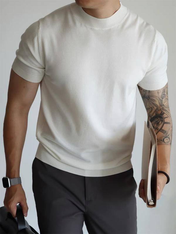 メンズ Tシャツ 短袖 半高領 ニット 白色 修身 港風 復古 上衣 トップス 綿混紡 粘繊 純色 プリント 中国文化 ゆったり 透気 日常 夏 ティーンエイジャー 成人 男性用 かわいい 軽量 吸湿速乾 ビッグシルエット ブラック ブラウン ベージュ