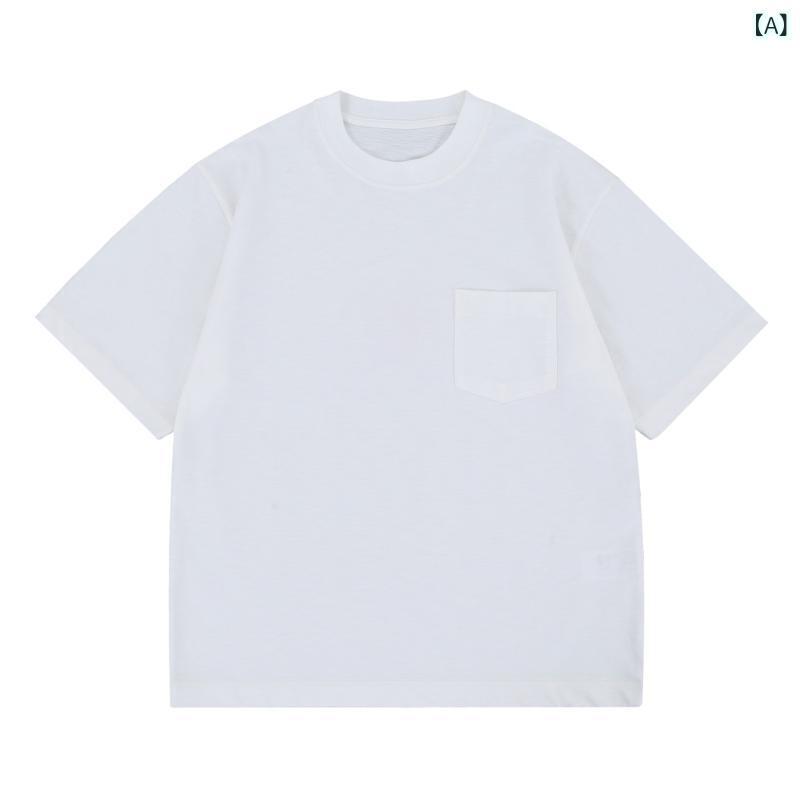 メンズ Tシャツ 短袖 ゆったりシルエット 日系レトロ 竹節コットン 綿素材 310g重み 洗い加工 ポケット付き 吸湿速乾 透気性 耐摩耗 セットインスリーブ ノーハット 普通厚み 白色 メープルレッド ブラック ブラウン ダークグリーン ライトグリー