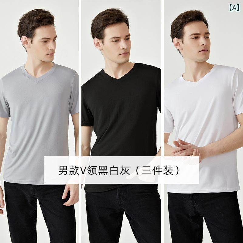 メンズ Tシャツ 短袖 Vネック 3枚セット ブラック ホワイト グレー 純色 直筒型 薄手 接触冷感 透気性 ポリエステル 再生繊維 磨毛加工 青年向け 青春カジュアル 半袖トップス 普段使い 吸湿速乾 軽量 ソフトタッチ 春夏 レジャーウェア コット