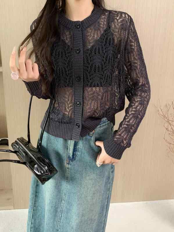 ニット カーディガン 女性用 春夏 長袖 丸首 透け感 レース 切り替え 薄手 レイヨン混 接触冷感 セクシー ストリート ダークグレー ホワイト ベージュ かわいい 軽量 吸湿速乾 通勤 普段使い アウトドア 対応