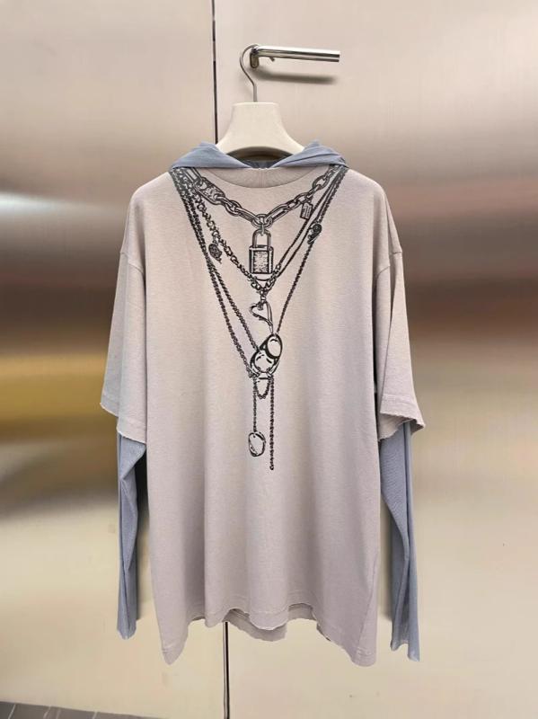 Tシャツ 女性用 長袖 連帽 ワイドシルエット 偽ツーピース 半透け レース袖 チェーン柄 プリント 綿 再生繊維 接触冷感 ゆったり ルーズフィット 日韓カジュアル 夏 浅紫色 中長丈 セットインスリーブ ラフ加工 フレアヘム 軽量 通勤 普段使い 部