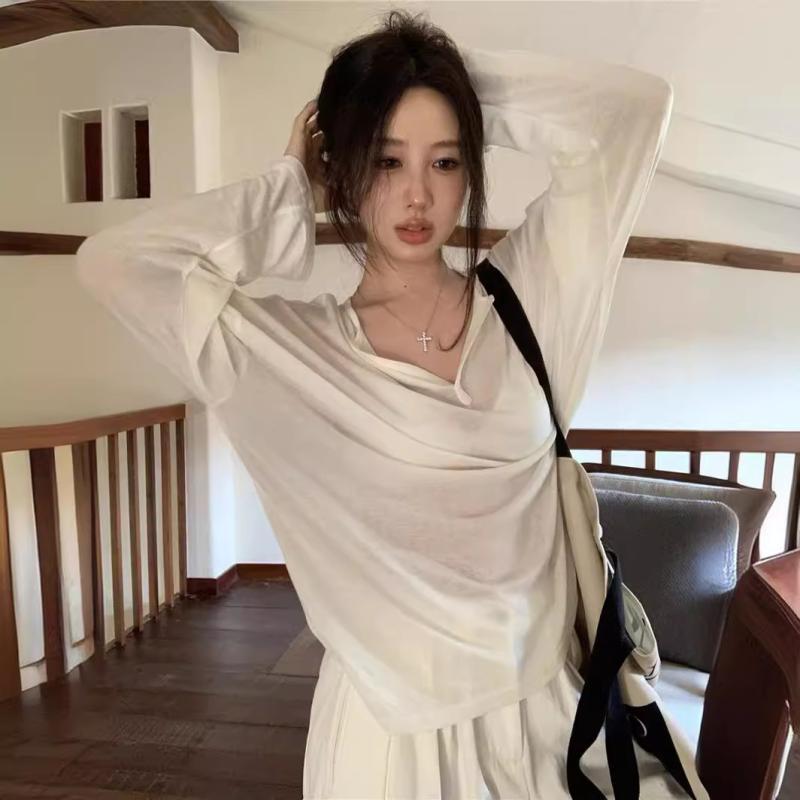 レディース Vネック 長袖 Tシャツ トップス 薄手 透け感 夏 春夏 白色 ・柑其色 ポリエステル 再生繊維 ワイドシルエット ゆったり ルーズフィット 通勤用 普段使い 部屋着 吸湿速乾 防UV 接触冷感 快適 気質 シンプル 純色 セットアップ 袖口