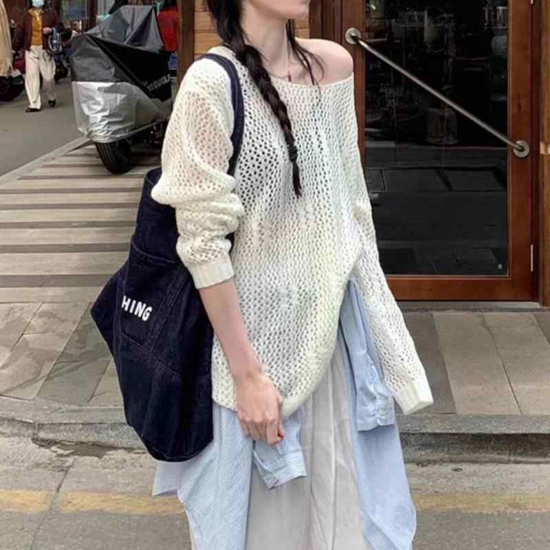 ニットトップス 女性用 夏 長袖 透け感 レース 編み 透視 ブラウス ルーズフィット セットインスリーブ ラウンドネック ポリエステル 混紡 薄手 ゆったり 韓国風 カジュアル レイヤード ワンピース 風 慵? スタイル 白色 単品 普通丈 快適 吸湿