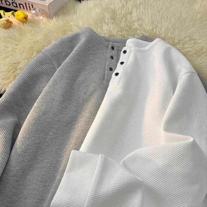 メンズ Tシャツ 長袖 ヘンリーネック 秋冬 ワッフル地 トップス ゆったり シルエット ポリエステル 素材 透気性 防シワ 耐久性 ボタン 装飾 無鉄 処理 ホワイト ブラック グレー レイアウト カジュアル 普段使い 青年向け ゆったり フィット レ