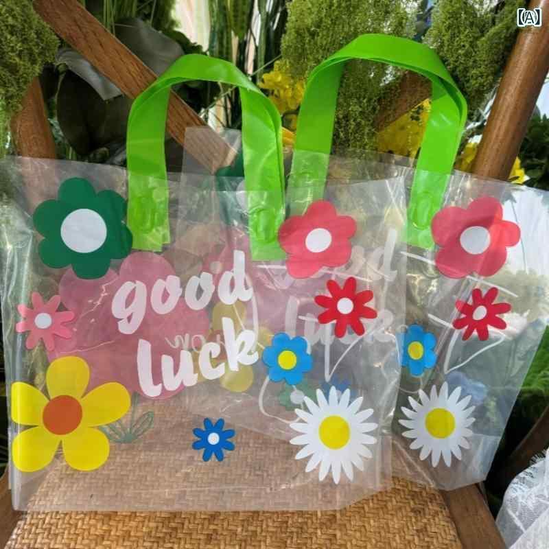 透明 花柄 プラスチック 手提げ 袋 ショッピング バッグ 服装店 用 かわいい デザイン 七色 カラフル 軽量 耐久 日常 用途 透明素材 ハンドル 付き ポータブル 収納 便利 アイテム