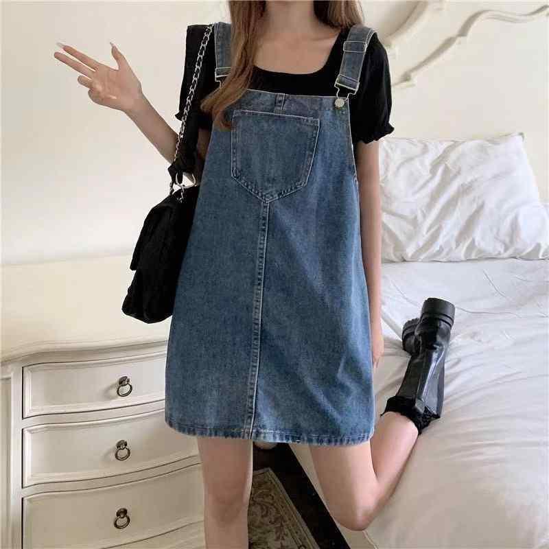 レディース 吊り紐ワンピース デニム 背帯スカート 夏 春夏 短丈 ワイドシルエット ゆったり 気質 スリム効果 韓国風 かわいい 甘め 清新 綿素材 95% 以上 無袖 ボタン 切り替え デザイン ブルー ブラック ストリート スタイル 普段使い 軽量