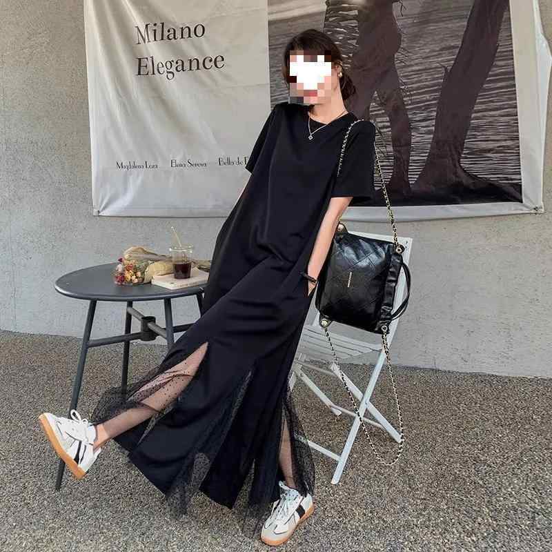 ワンピース 女性用 ブラック 網? 切り替え 長袖 過膝 ロング 魚尾 スカート 丸首 ゆったり腰 プレーツ加工 春夏 接触冷感 PVC 素材 三醋酸繊維 混紡 ゆったりシルエット スリムライン 復古風 ゆったりフィット 軽量 通勤 普段使い