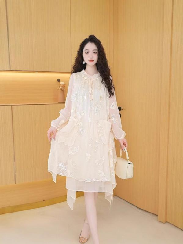 ワンピース 女性用 春夏 フレンチスタイル 気質 通勤 花柄 刺繍 花 3D立体 雪? ポリエステル 接触冷感 切り替え セットイン 花辺 ラウンドネック 七分袖 ルーズフィット ミディアム丈 仙女スカート ゆったり スリム 快適 ミルクカラー アイボリ