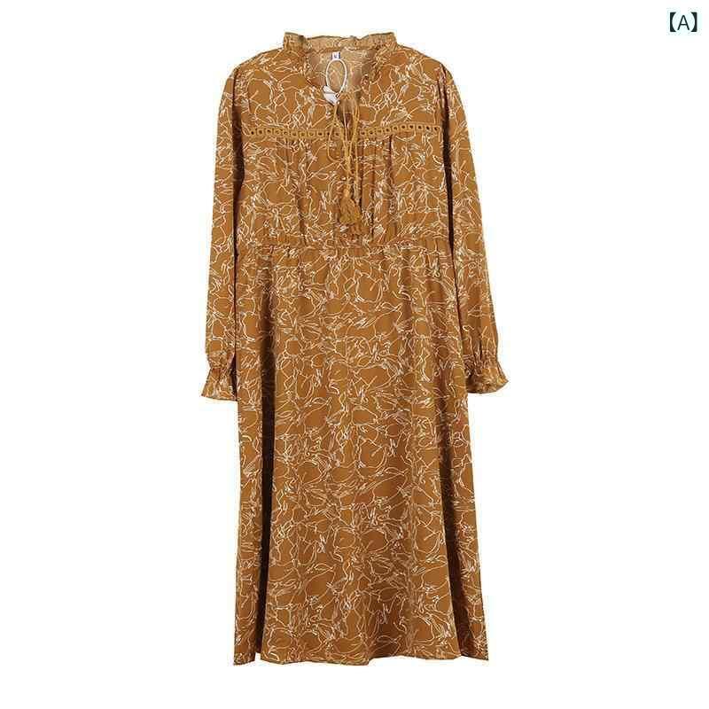 ワンピース レディース 大きいサイズ 春夏 フレンチスタイル 復古 フラワープリント Aライン ロングドレス 甘め 爽やか プリンセススリーブ 長袖 ウエストシェイプ スリム効果 コットン混紡 シフォン素材 黄色 ブラック 丸首 切り替えデザイン 通勤