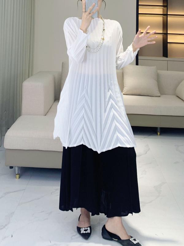 ワンピース 女性用 春季 気質 通勤風 褶加工 接触冷感 ポリエステル Aライン 中長丈 九分袖 ワイドシルエット ワンショルダー シンプル 純色 ホワイト グレー ブラウン ブラック ゆったり 大きめサイズ 軽量 吸湿速乾 シワ加工 伸縮性 ハイウエス｜イーマイショップ