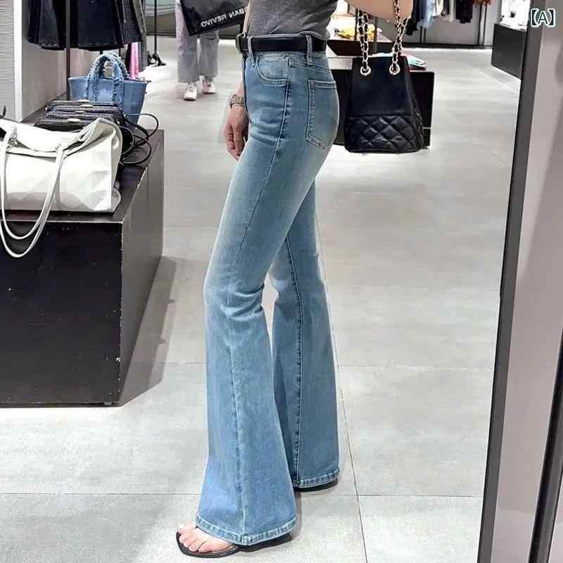 レディース デニムパンツ ハイウエスト マイクロフレア 春夏 薄手 微弾性 ポリエステル 切り替え スリム 痩せ見え 梨型体型対応 ライトブルー カジュアル 普段使い 通勤 韓国風 港風 ロング丈 軽量 伸縮性 吸湿速乾 快適 ビッグシルエット
