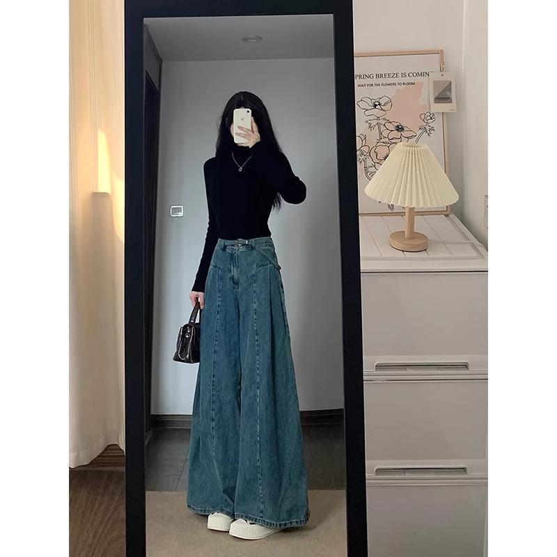 レディース 牛仔パンツ 春夏 ヴィンテージ ストレート ワイドレッグ 高腰 長丈 ゆったり スリム 梨型体型 大きいサイズ 綿素材 ポケット 気質 通勤 都市スタイル 中厚 ノーアイロン 加工 ブルー ポケット デザイン ゆったりシルエット 普段使い