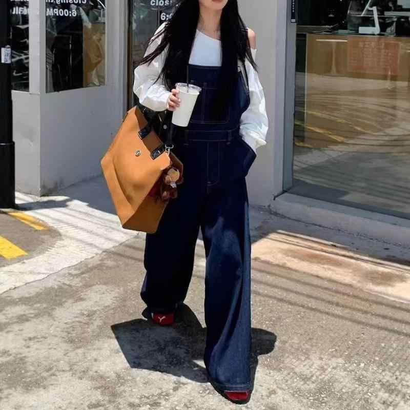 パンツ 女性用 春秋 夏 秋冬 高腰 アメリカンスタイル 洋気 復古 ストレート ワイドレッグ ゆったり ?腿 牛仔 デニム 背? つなぎ ミドルウェイト マイクロストレッチ 快適 韓国風 日韓カジュアル ネイビー ボタン ロングパンツ ポリエステル 再