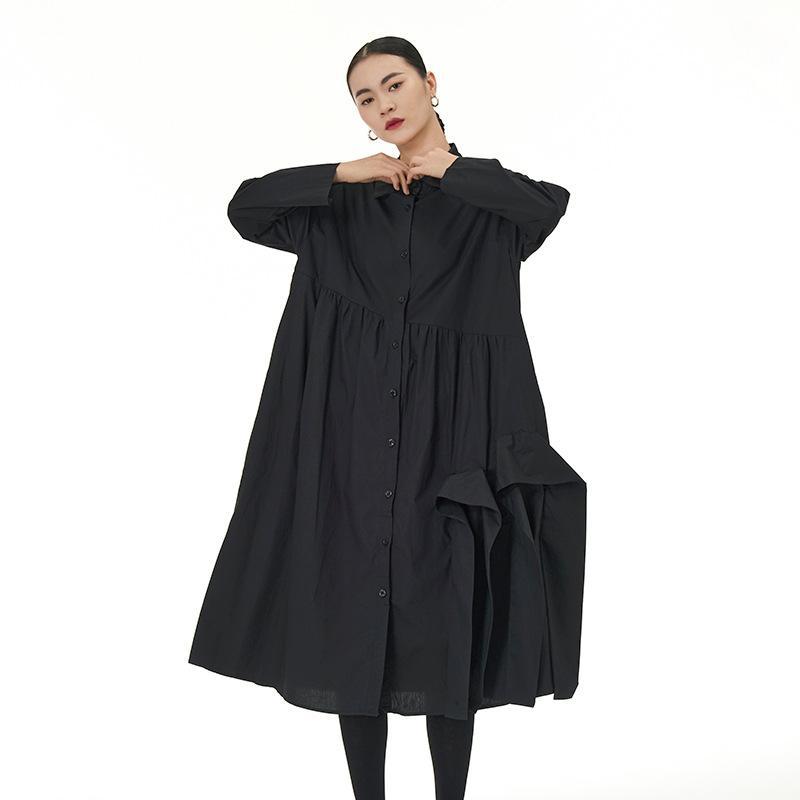 ワンピース 女性用 黒 長袖 長スカート コットン シャツコットン プレーツ加工 リボン ストリートファッション 快適 ゆったり シルエット シンプル デザイン 秋冬 通勤 普段使い トップス ドレス ワイドスカート