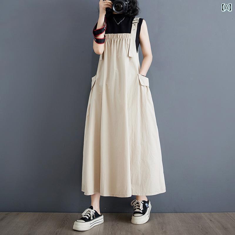 ワンピース 背帯 無袖 ドレス 女性用 大きいサイズ ゆったり ルーズ シルエット 夏 春夏 シンプル デザイン 方領 ミドル丈 ポリエステル 切り替え 加工 快適 日常使い 杏色 系統 カーキ ブラック ネイビー デイリー コーデ