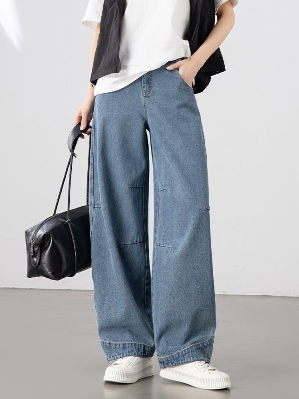 レディース 牛仔パンツ 復古 ワイドパンツ ハイウエスト ストレートパンツ 綿 ポリエステル 混紡 素材 軽量 伸縮性 なし ポケット 付き 秋冬 シーズン 牛仔ブルー ライトブルー ロング丈 ゆったり シルエット 普段使い 通勤 対応 デニム ボトムス