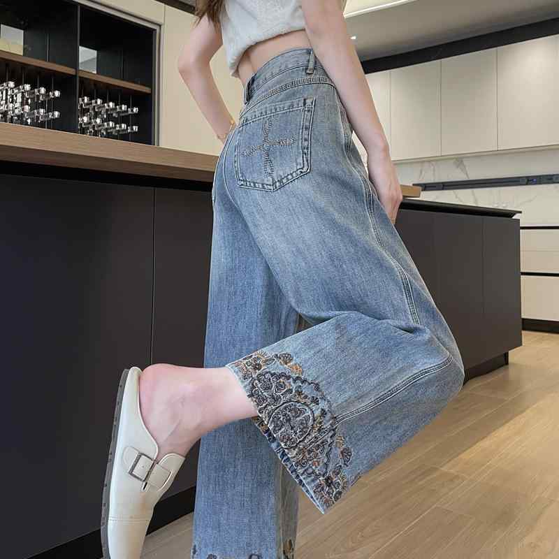 レディース 牛仔パンツ ワイドレッグ クロップド ハイウエスト 刺繍 花柄 綿 デニム 軽量 通勤 普段使い 春夏 秋 ライトブルー ベージュ トップス ボトムス 伸縮性 吸湿速乾 カジュアル
