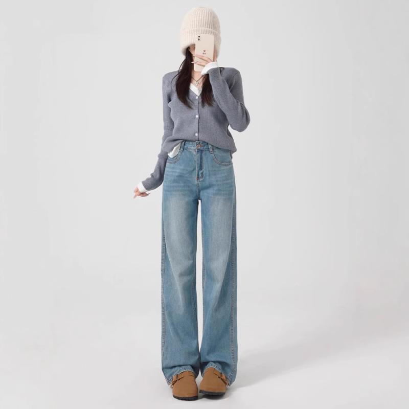 レディース デニムパンツ 直筒 長ズボン 高腰 ワイドレッグ ルーズフィット 通勤スタイル 気質 微弾性 牛仔風 ミディアム厚 ライトブルー 春夏 小柄対応 梨型ボディ 切り替え ジッパー 吸湿速乾 再生繊維 伸縮性 軽量 カジュアル